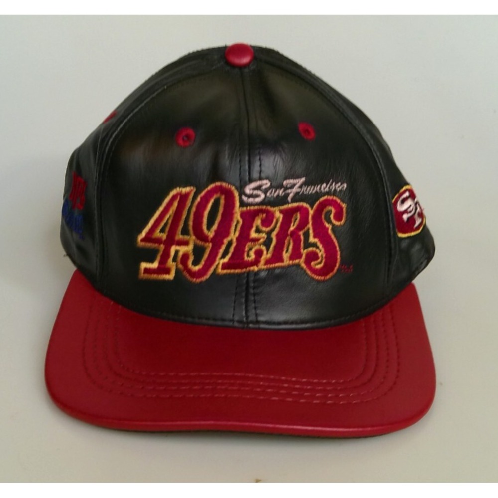 San Francisco 49ers Leather Snapback VTG 90s Hat Modern Cap USA NFL Black Red